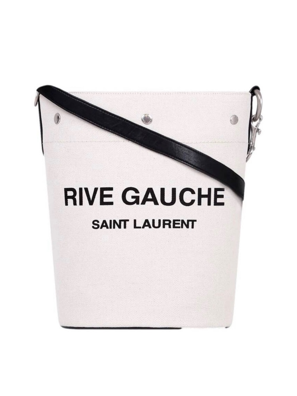 Saint Laurent White Canvas Rive Gauche Bucket Bag with Black Strap